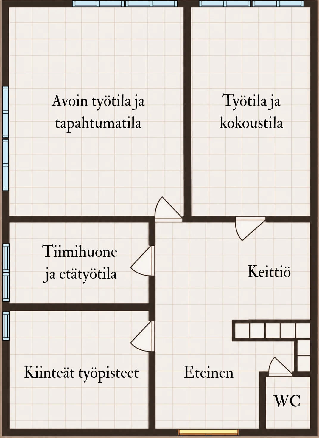 Teho-osasto Coworking, tilojen pohjapiirros